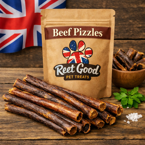 Reet Good Pet Treats Beef Pizzles on a wooden surface with a British flag in the background