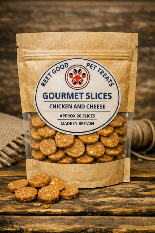 British Gourmet Slices chicken and cheese dog treats – Reet Good Pet Treats